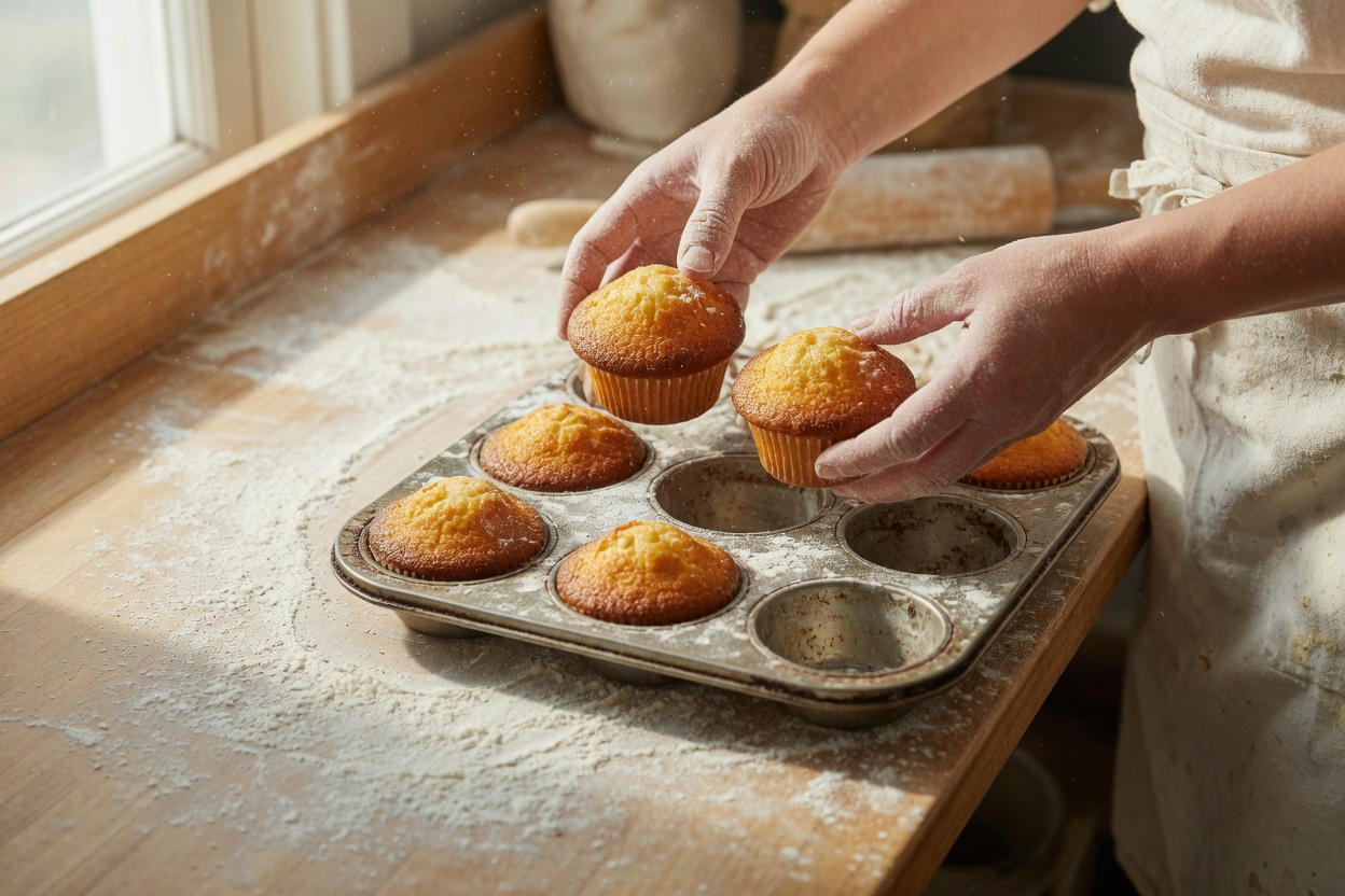 A baker's hands placing golden muffins into a tray.