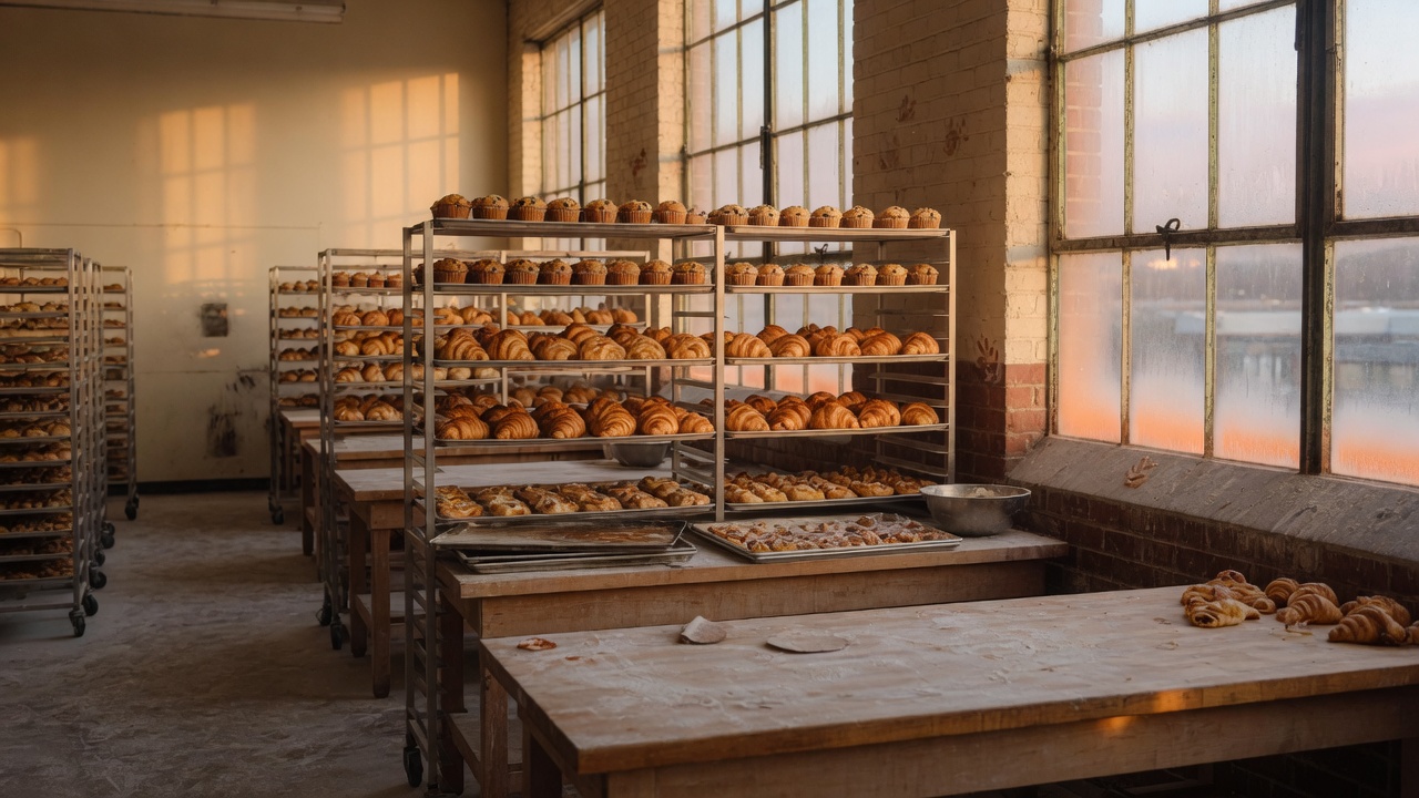 Racks of muffins, croissants, and pastries in Fernando's Bakery.