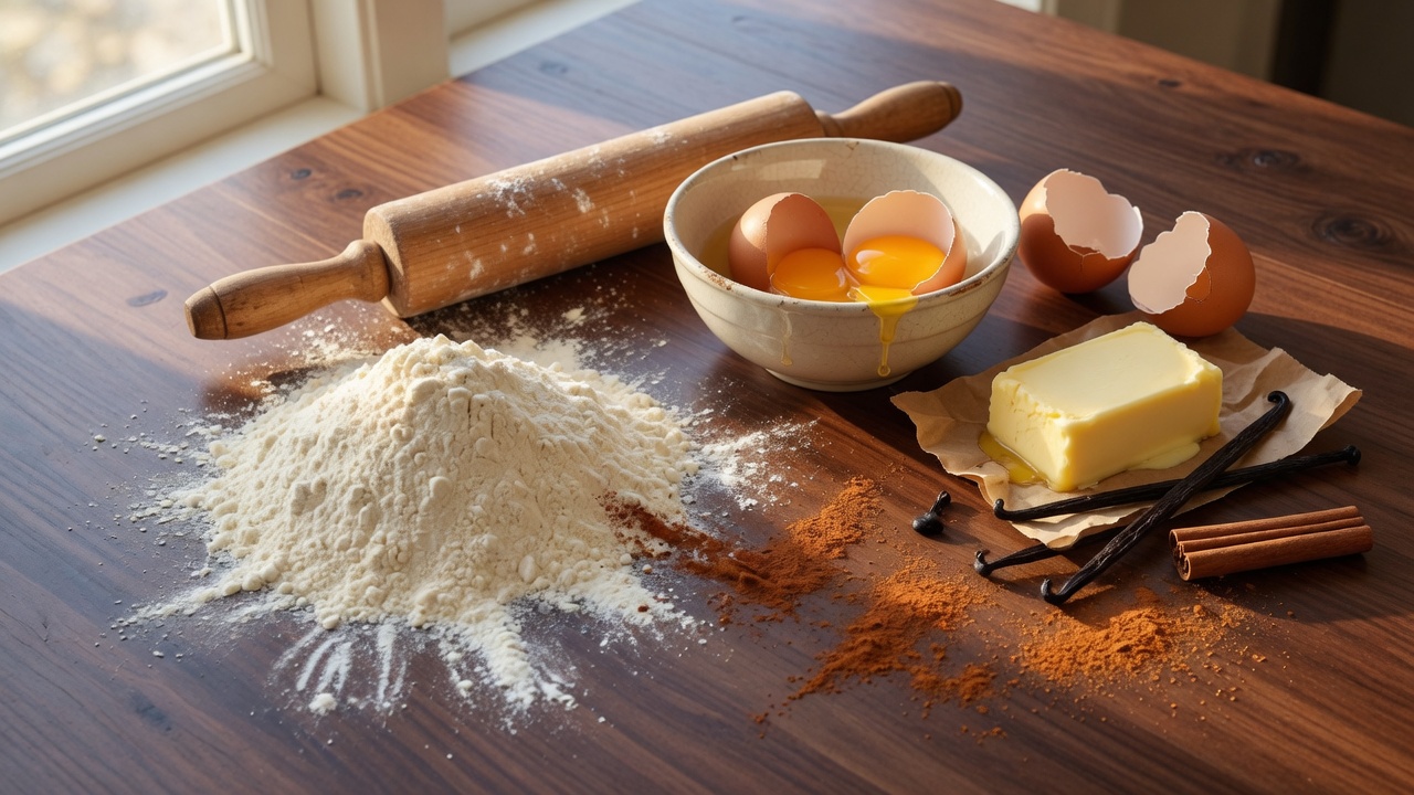 Flour, eggs, butter, vanilla, and cinnamon on a bakery table.