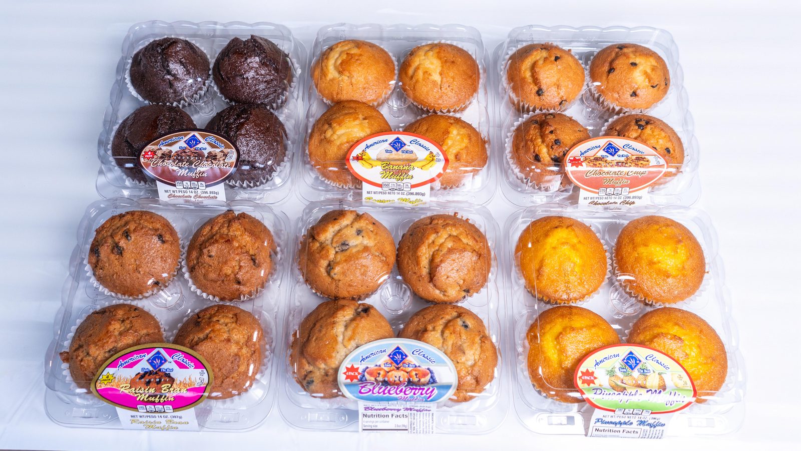 American Classic 4-pack muffins in blueberry, banana, chocolate, and more