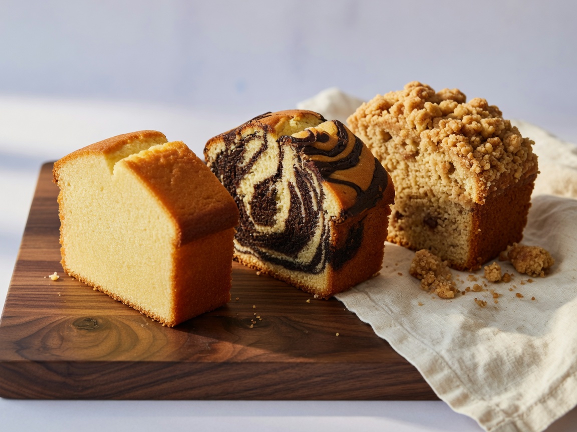Pound cake, marble cake, and crumb cake slices