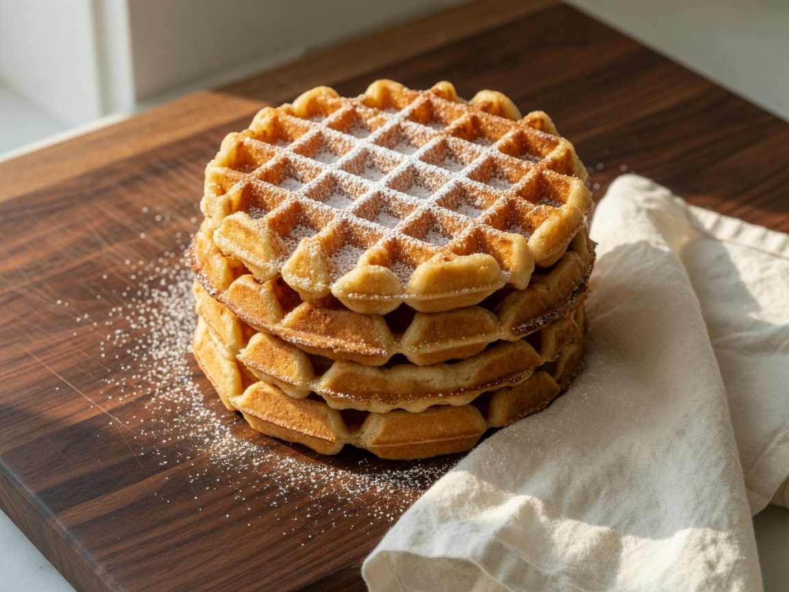 A stack of golden bakery waffles